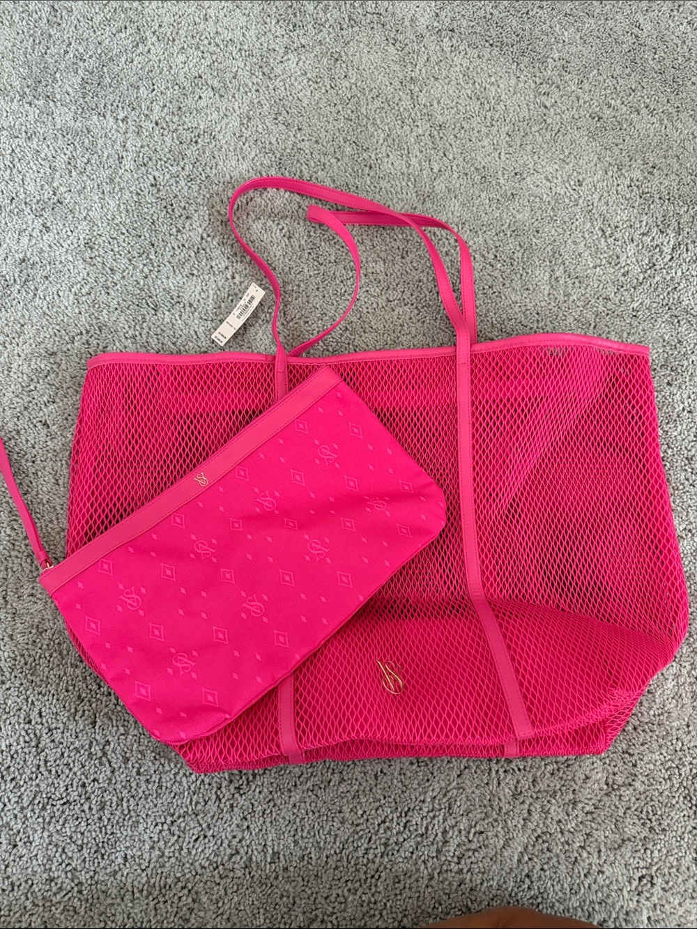 Victoria Secret Bright Pink Mesh Tote with Matching Pouch